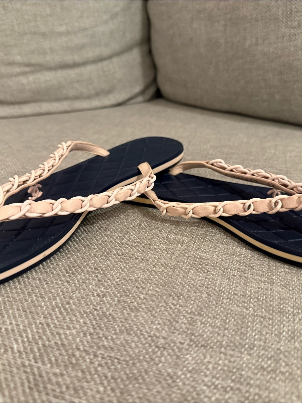 CHANEL Navy and Blush Braided-Strap Quilted Sandal Flip-Flops
